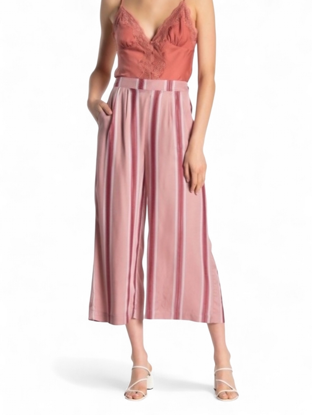 NEW ECI Cropped Striped Genie Pants in Metallic Rose Pink Women's L
